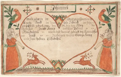 Certificado de nacimiento y bautismo (Geburts und Taufschein) para Johannes Kemp, ilustración de 